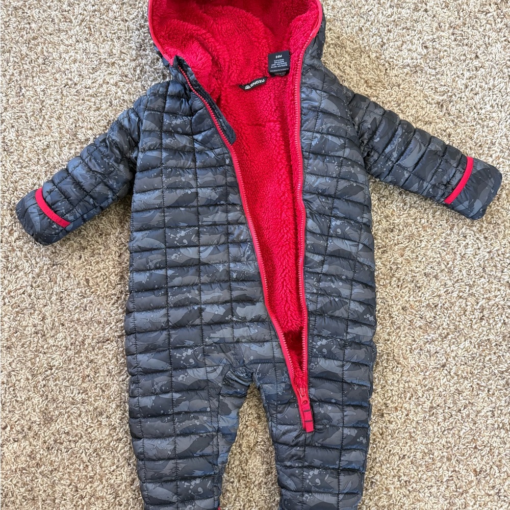 Snozu gray camo and red lining snowsuit 24 months